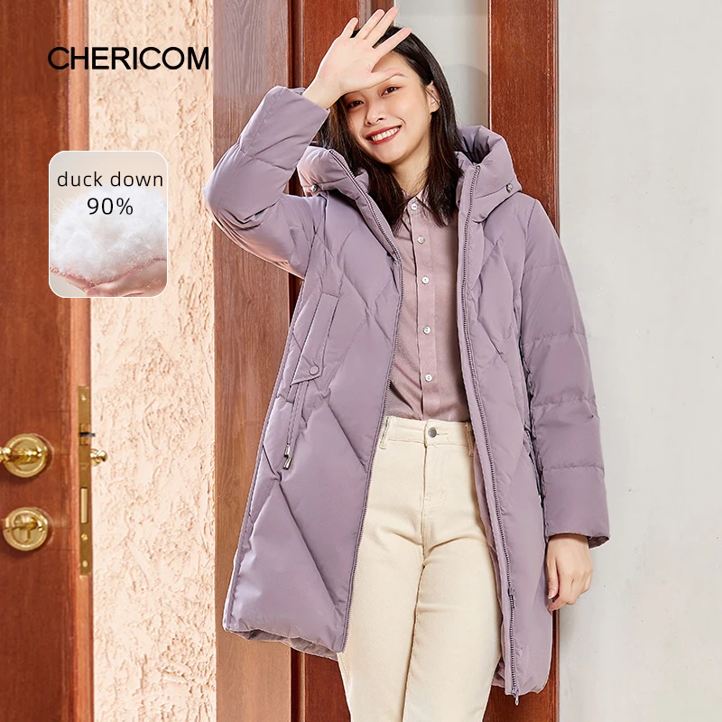 

Chericom Mid Long Hooded Women's Winter Down Jacket Thin Duck Down Thick Warm Padded Jacket Simple Solid Puffer Coats 279182