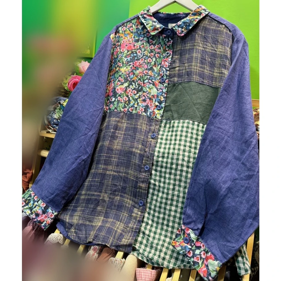 

Vintage Cotton Linen Denim Floral Plaid Patchwork Long Sleeve Shirt for Women Retro Bohemian Hippie Gypsy Boho Chic Blouse Tops