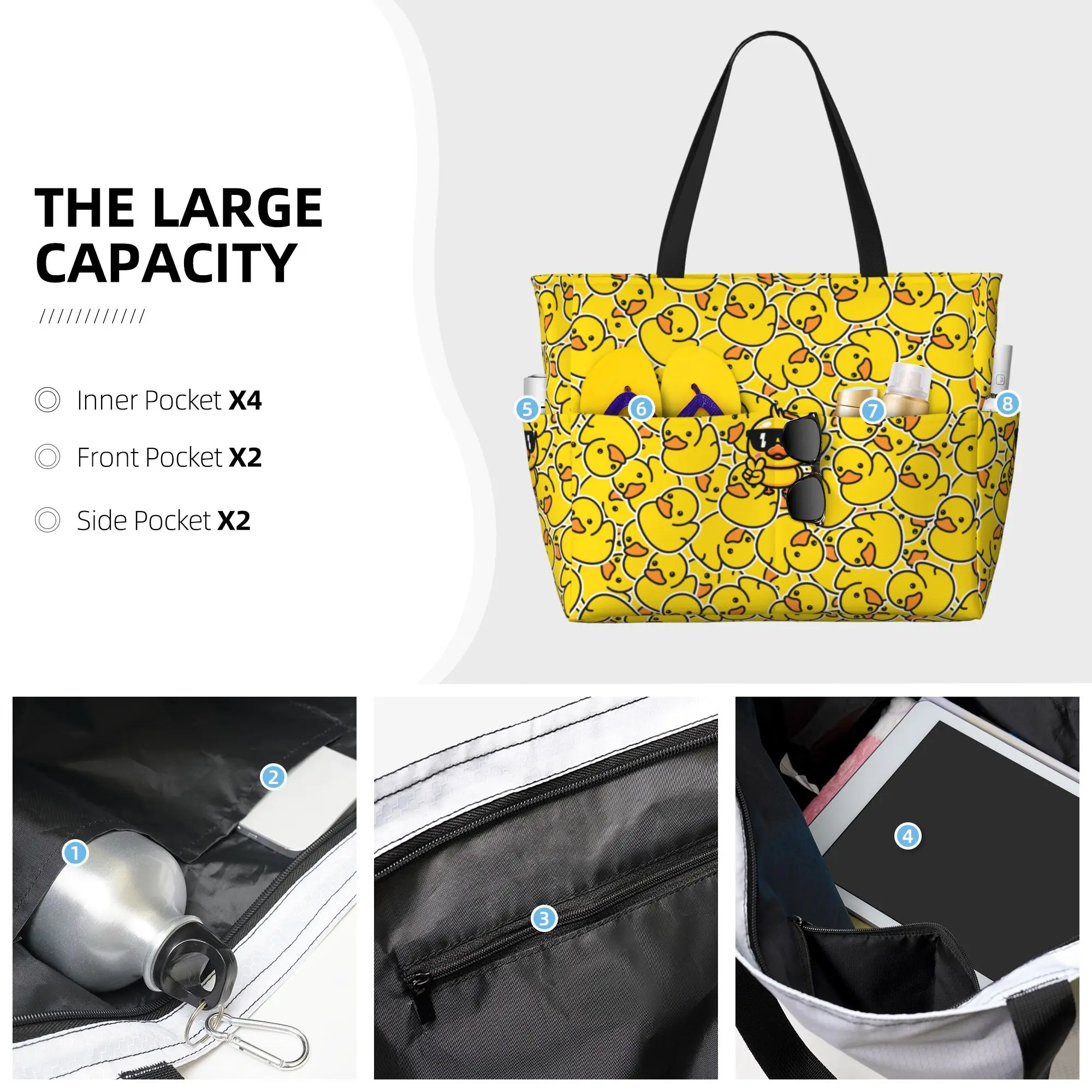 Cute Yellow Duck Beach Tote Bags for Women Waterproof and Sandproof Beach Bag Large Travel Bag for Swim Pool Gym Vacation