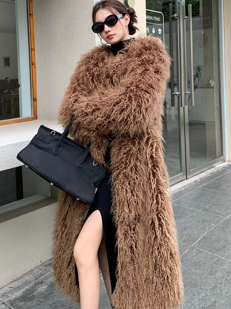 2023 Autumn Winter New High-End Khaki Fur Loose Long Sleeve Mongolia Sheep Fur Long Warm elegant Coat Luxury Women\'s jackets