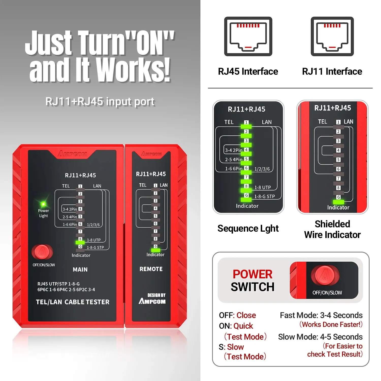 AMPCOM Network Cable Tester, RJ45 Networking Lan 8P8C POE Anti Burn RJ11 Telephone Line Tester POE Protection HDM Repair Tools