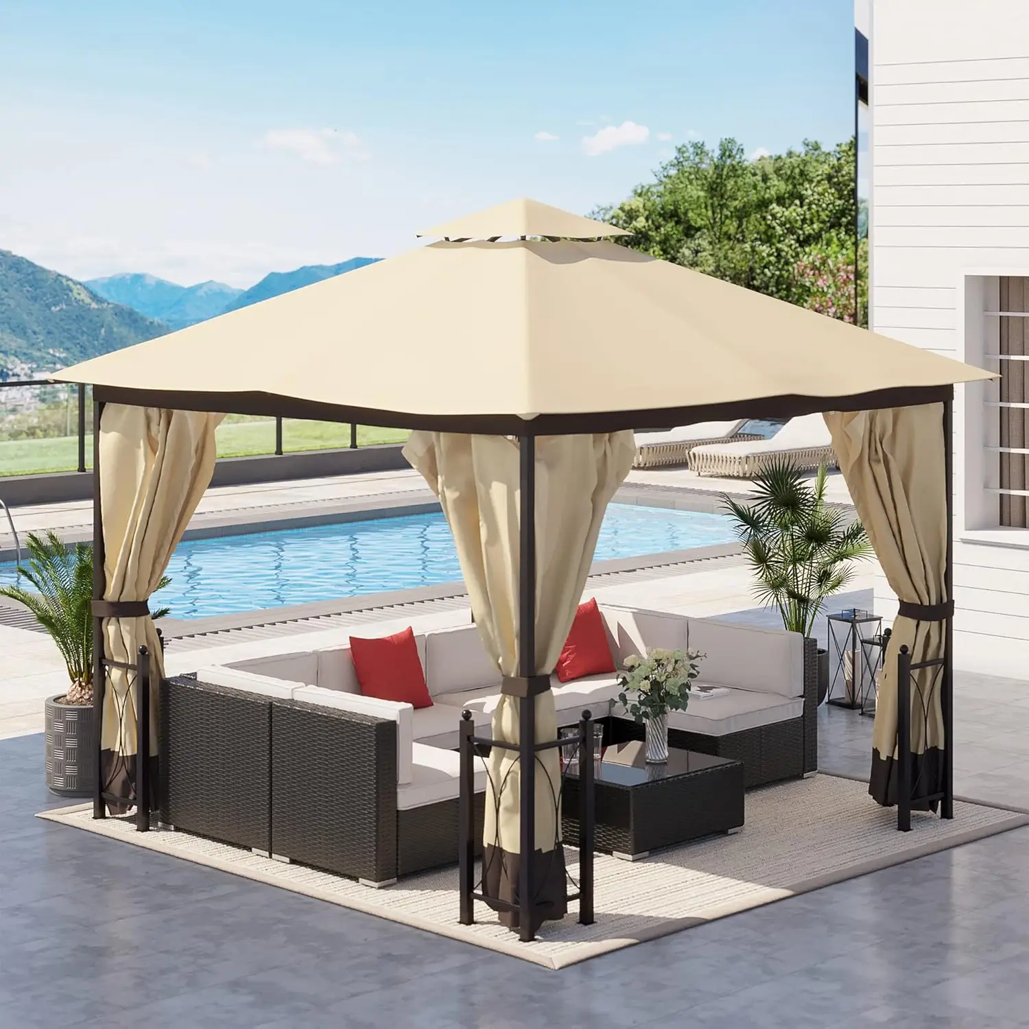 11' x 13' Patio Gazebo, Double Roof Outdoor Gazebo Canopy Shelter with Netting & Curtains, Steel Corner Columns for Garden,