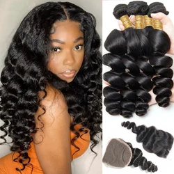 Loose Wave Human Hair Bundles With Closure Indian Loose Deep Hair Weave 3 Bundles With Lace Closure Wavy Human Hair Extensions
