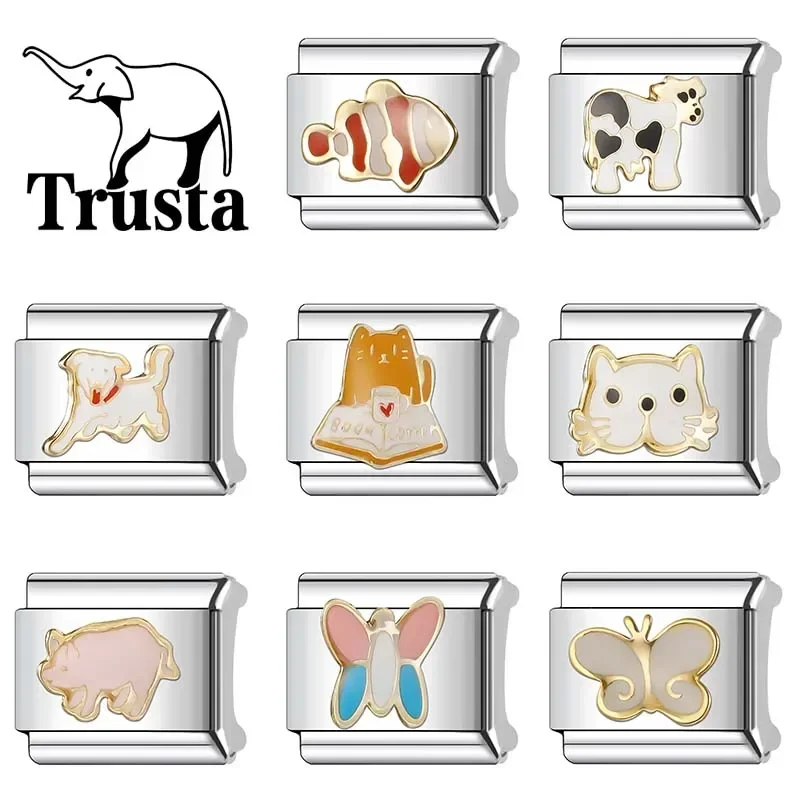 Trusta 2024 New Fashion Dog Fish Animals Charm Italian Links 9mm Stainless Steel Bracelet for Women DIY Jewelry Wholesale N072