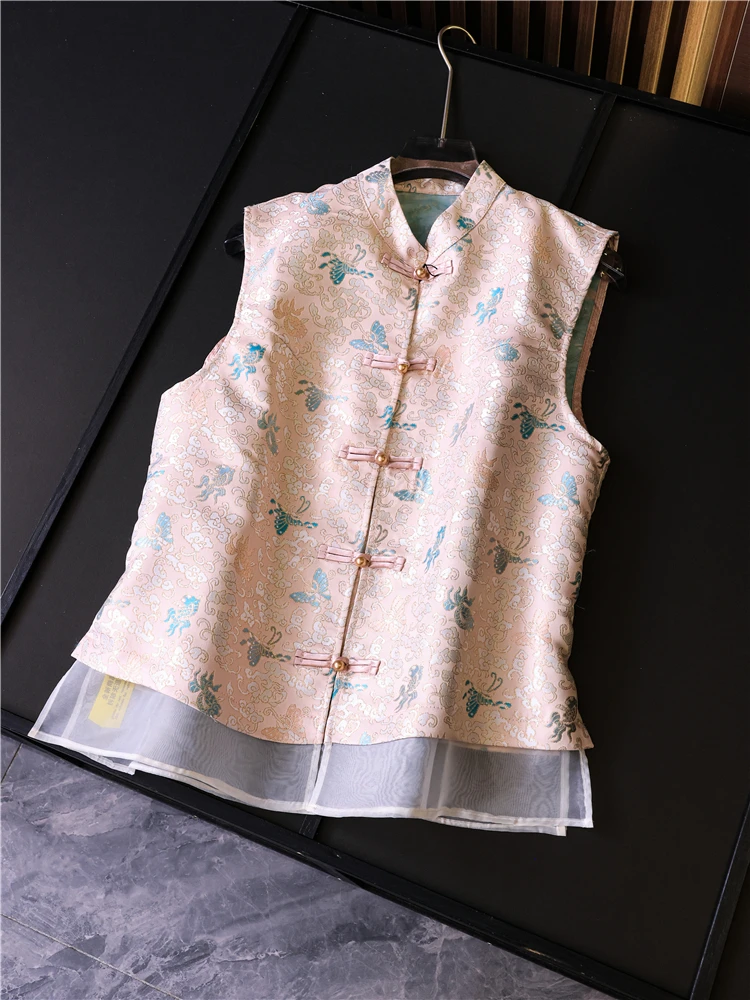 

New Chinese Style National Trend Embroidered Retro Button Ogees Fake Two-Piece Stand Collar Sleeveless Jacket Women's Vest Ta...