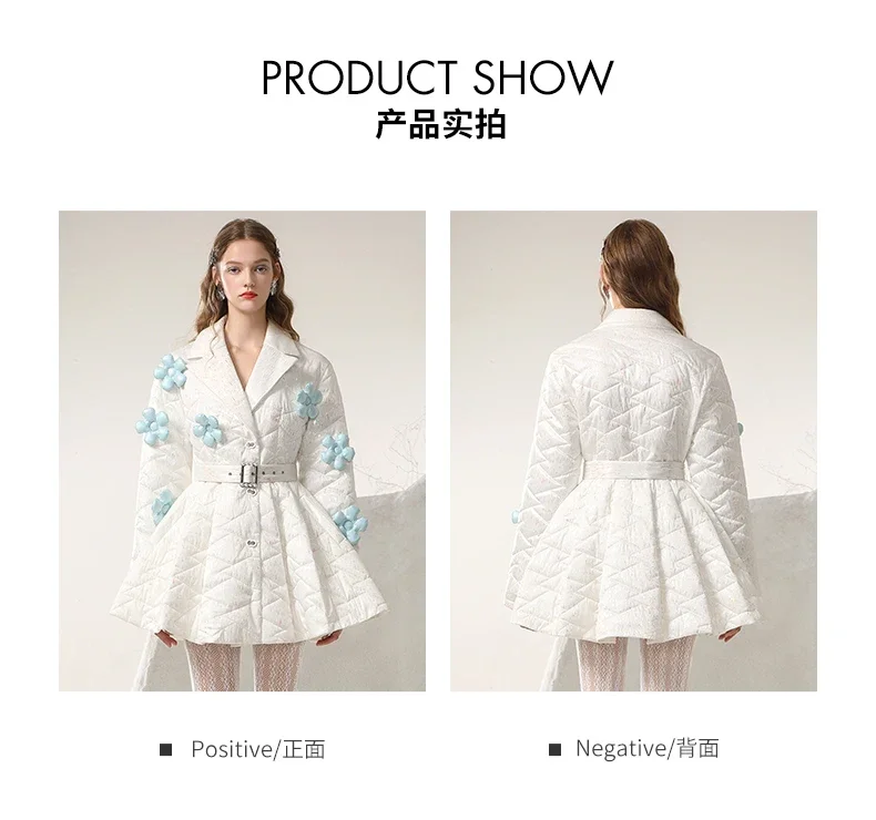 Women\'s Winter 2023 New Colorful White Cotton Coat Sweet Princess Style Cotton-Padded Coat Three-Dimensional Flower Design Coats