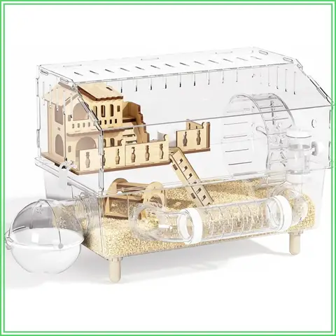 Acrylic Hamster Cage 9-in-1, Clear 2-Tier Habitat with Tubes, Accessories for Dwarf Mice, Easy Clean
