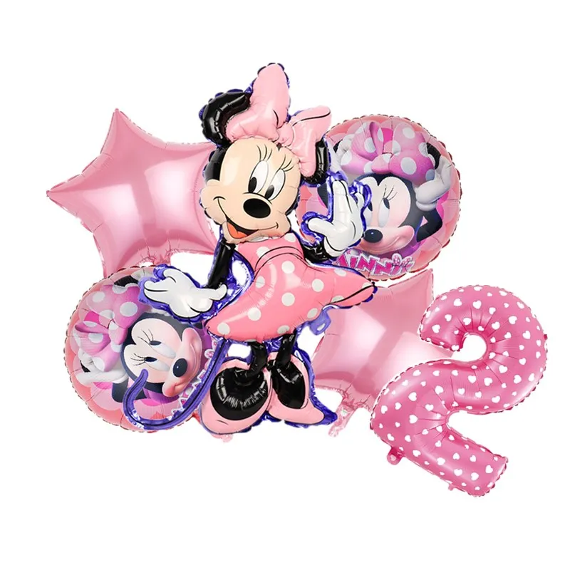 Ballons en aluminium Minnie Mouse, 6 pièces, décorations de fête d'anniversaire pour enfants filles, réception-cadeau pour bébé rose 1 2 3 4 5 6 7 8 9, ensemble de ballons, fournitures