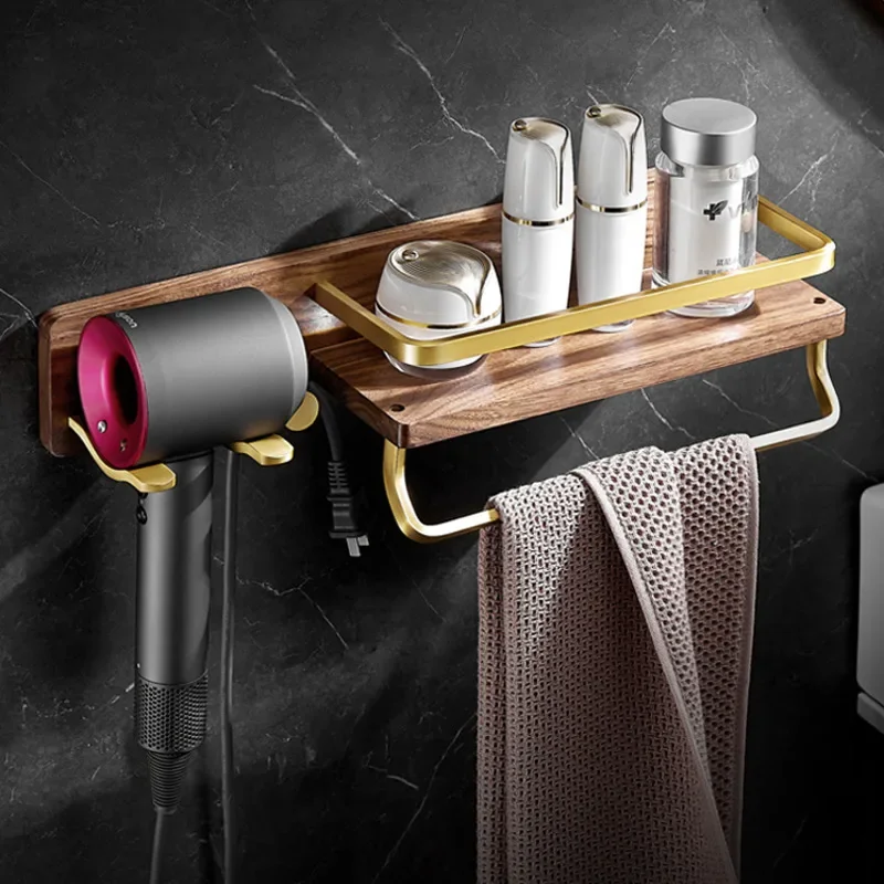 Sleek Walnut Hair Dryer Rack Light Luxury No-Drill Creative Hotel and Home Bathroom Accessory Convenient Hanging Design