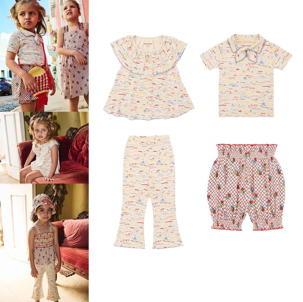 

Summer New 2026 MP Baby Girl Printed Dress T-shirt Cute Flower Bud Shorts&ruffle Edge Cute Top Bell Bottom Pants Sweet Set