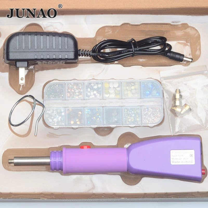 JUNAO Fast Heated Hotfix Rhinestone Set Pink Style Hot Fix Applicator Crystal Glass Iron-on Wand Heat-fix Tool Gun Garment Shoes