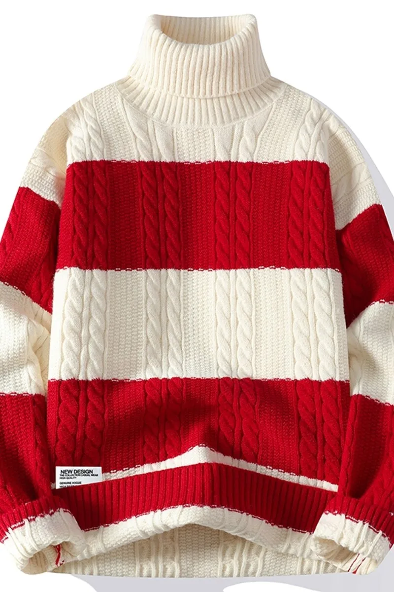 เสื้อสเวตเตอร์ผู้ชายสีแดง ฤดูใบไม้ร่วง ฤดูหนาว ปี 2026 เสื้อคอเต่าลำลอง ถักลายทาง สไตล์สตรีทแวร์