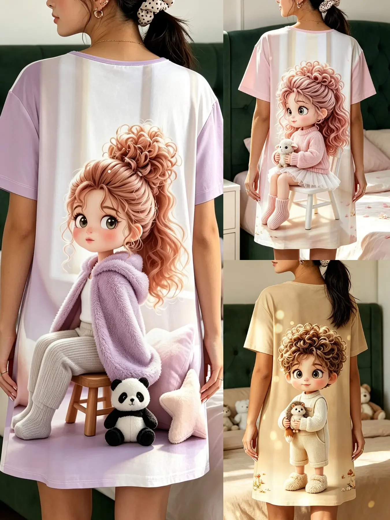 3-Pack Cute Cartoon Girl Print Nightdresses, Round Neck Short Sleeve, Breathable Slim-Fit Sleepwear for Spring Summer