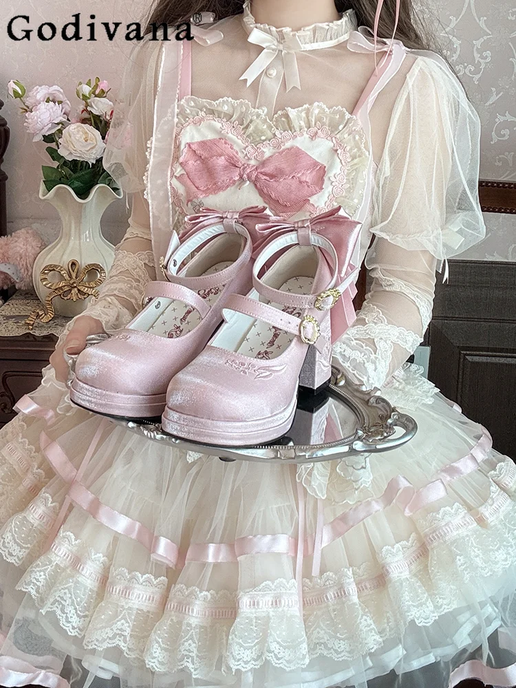 

Dream Elegant Lady Japanese Original Lolita Satin High Heels Round Head Thick Heel Bow Versatile Jk Uniform Single Shoes