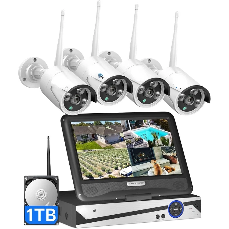 Wireless Security Camera System with 10in LCD 4K Monitor, 4Pcs 5MP Outdoor Indoor Cameras with One-Way Audio, Waterproof