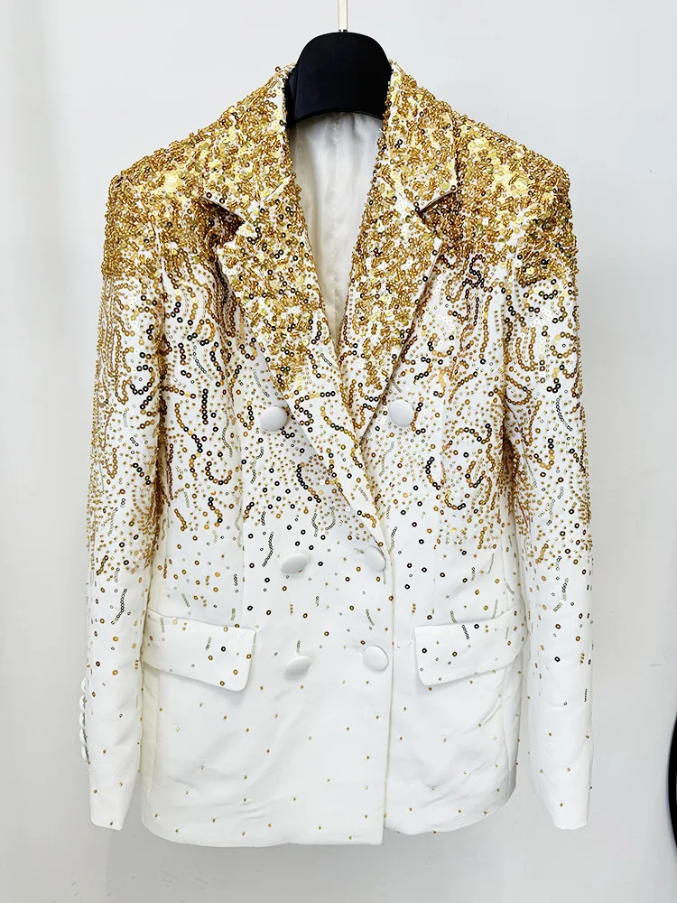 Spot 2024 new European and n star fashion heavy industry tapered beaded sequins double-breasted jacket jacket