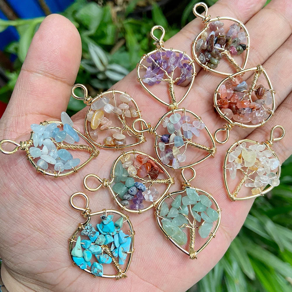 3Pcs Gold Color Wire Wrap Tree Of Life Heart Pendants Natural Stone Lucite Fluorite Aventurine Charm For Jewelry Making Necklace