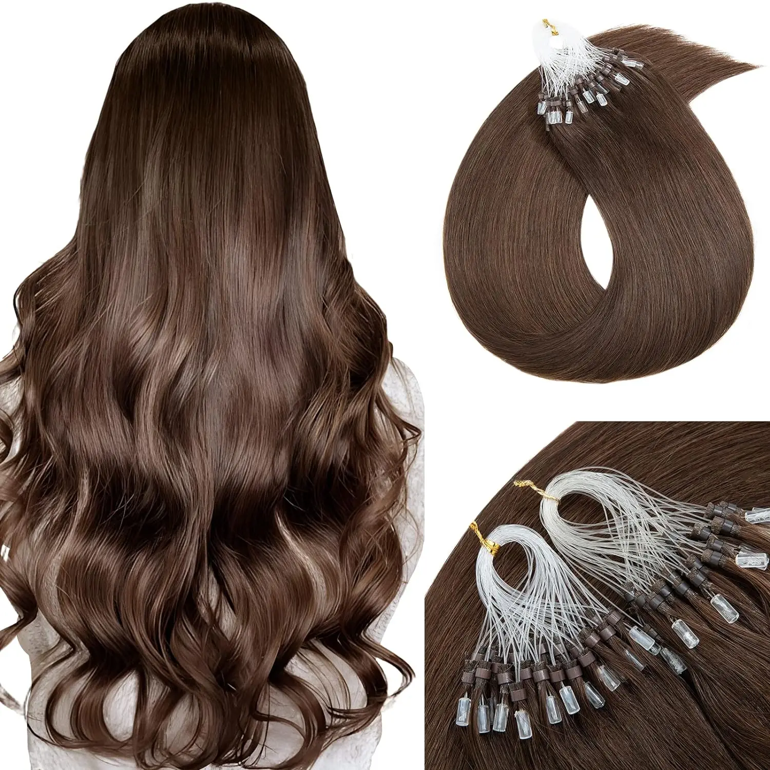 Brown Micro Link Hair Extensions Real Human Hair Micro Ring Hair Extensions #4 Dark Brown Micro Loop Extensions Human Hair