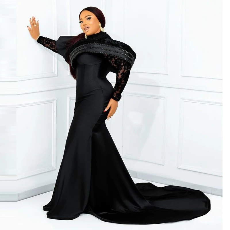 Black Plus Size Evening Dresses O Neck Puffy Long Sleeves Mermaid Prom Dress Satin African Wmen Formal party Gowns New Year Wear