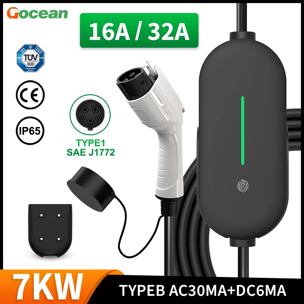 Gocean Portable EV Charger 7KW 32A Type1 SAE J1772 Electric Car Charger Adjustable 16A 3.5KW IP65 Waterproof EV Charging Cable