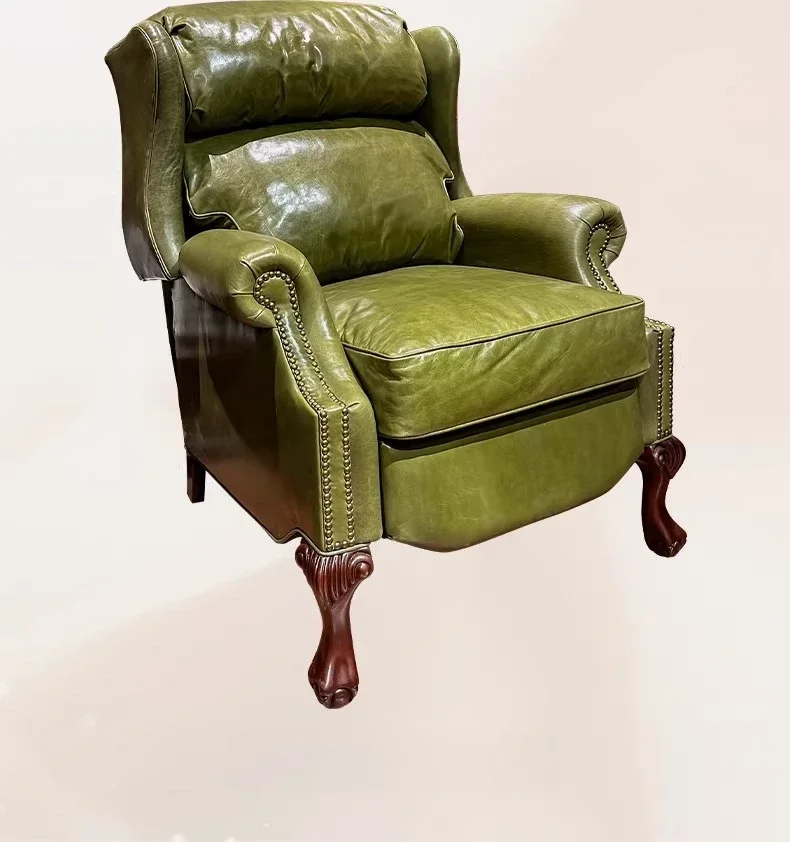 American multi-functional sofa, single green all-leather tiger chair, living room solid wood leisure chair