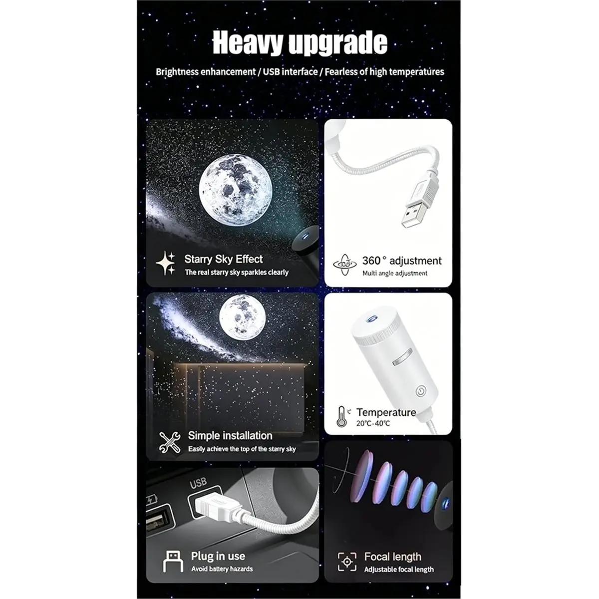 PHONE&GEAR Adjustable Focus Galaxy Star Projector USB Night Light HD Romantic Atmosphere Lamp for Bedroom Car