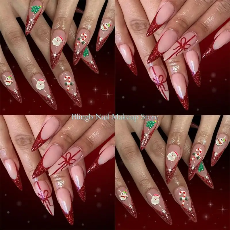 28TA 우아한 프랑스 팁 반짝이는 손톱에 프레스 48pcs 세트 긴 관 모양 눈사람 크리스마스 테마 인공 손톱 선물