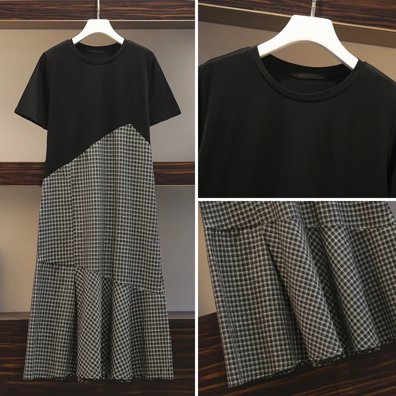 Frauen Baumwolle Plaid T-Shirt langes Kleid o Hals Kurzarm lässig weiblich elegant große Rüschen Sommer lose schwarze Party Robe