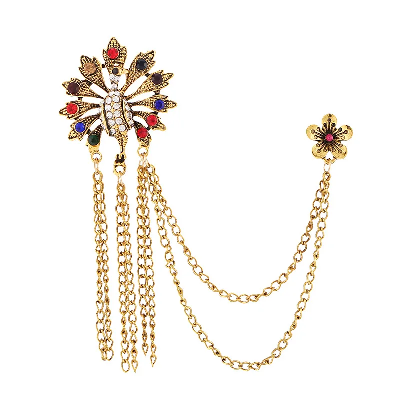 Korean Crystal Crown Brooch Star Tassel Chain Rhinestone Lapel Pins Men\'s Shirt Suit Collar Wedding Party Badge Accessories