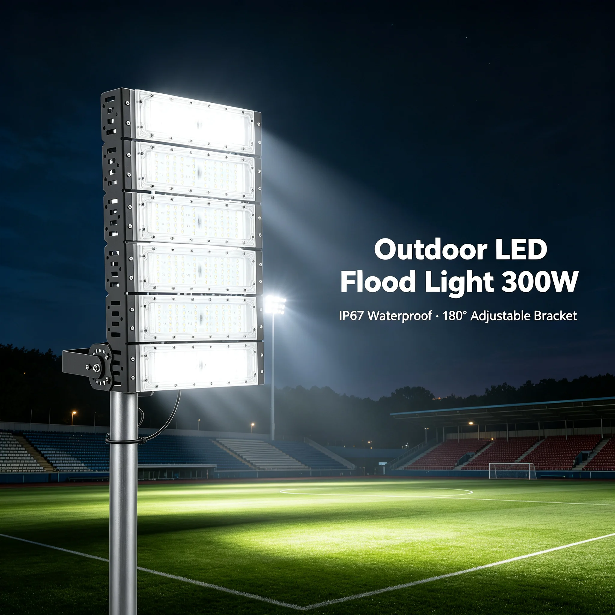 Outdoor LED Flood Light 300W IP67 Waterproof, 180° Adjustable Stadium Lighting with ADC12 Aluminum Housing, Wide Voltage 100-277V for Sports Field Factory Garden Courtyard, Silver/Black
