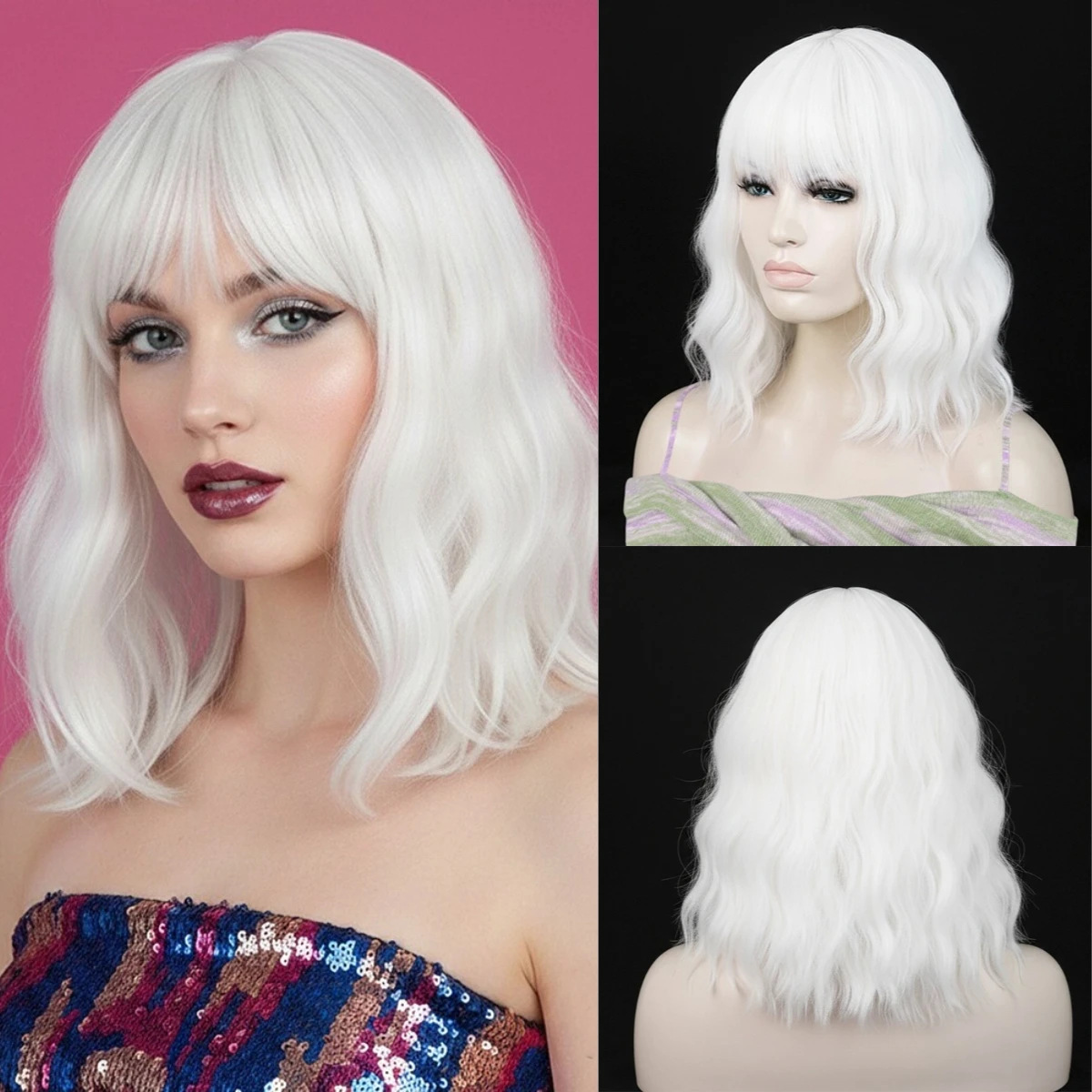 Perruques synthétiques courtes ondulées blanches avec frange pour femmes, perruque de cosplay pour usage quotidien, fête, Halloween, résistante à la chaleur