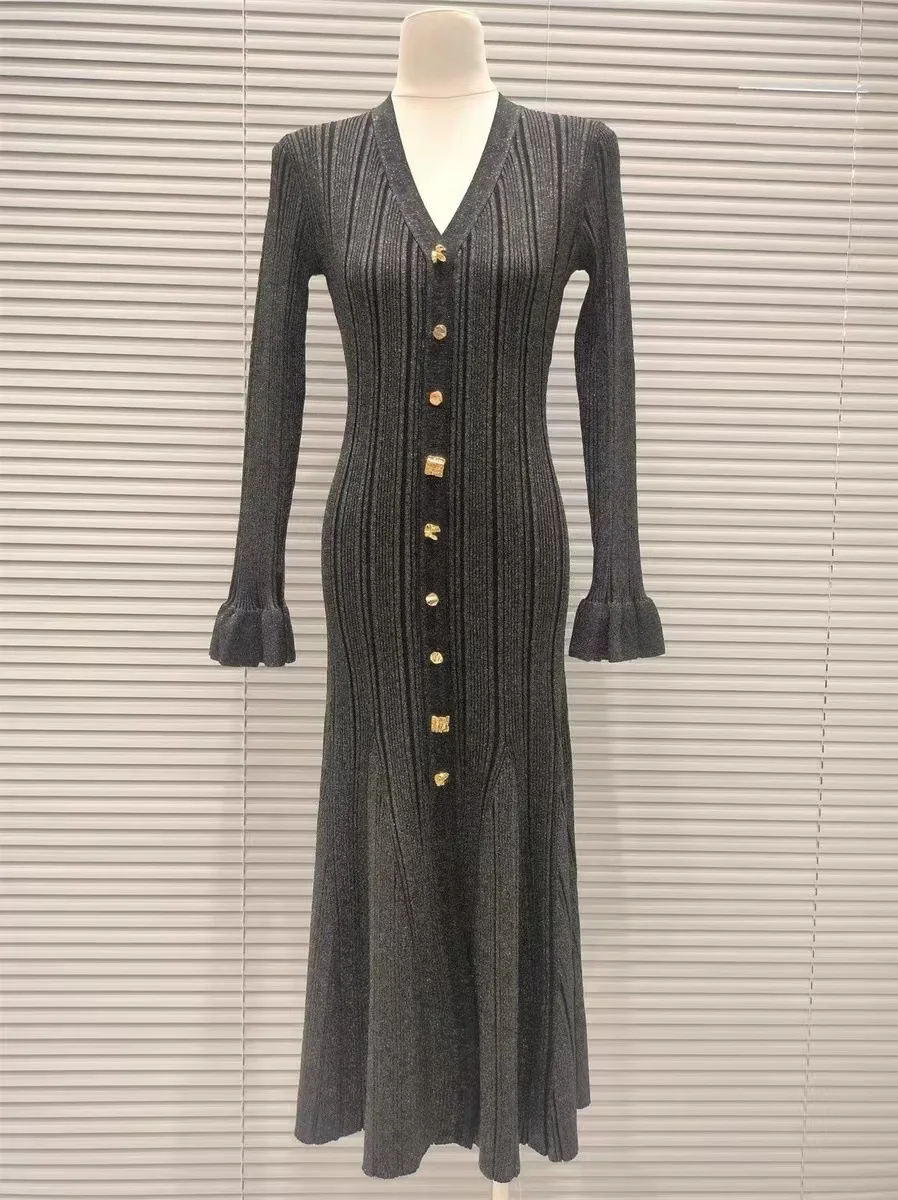 Vestido Midi ajustado de manga larga con volantes para mujer, traje elegante de punto con cuello en V y una hilera de botones, Color liso, Otoño, 2024