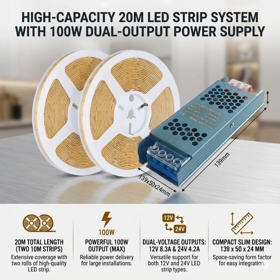 5M 10M 20M 8MM Ultra Thin Dimmable COB LED Strip DC12V/24V High Density Linear Light 2Pin Wire With Power Adapter for Home Decor