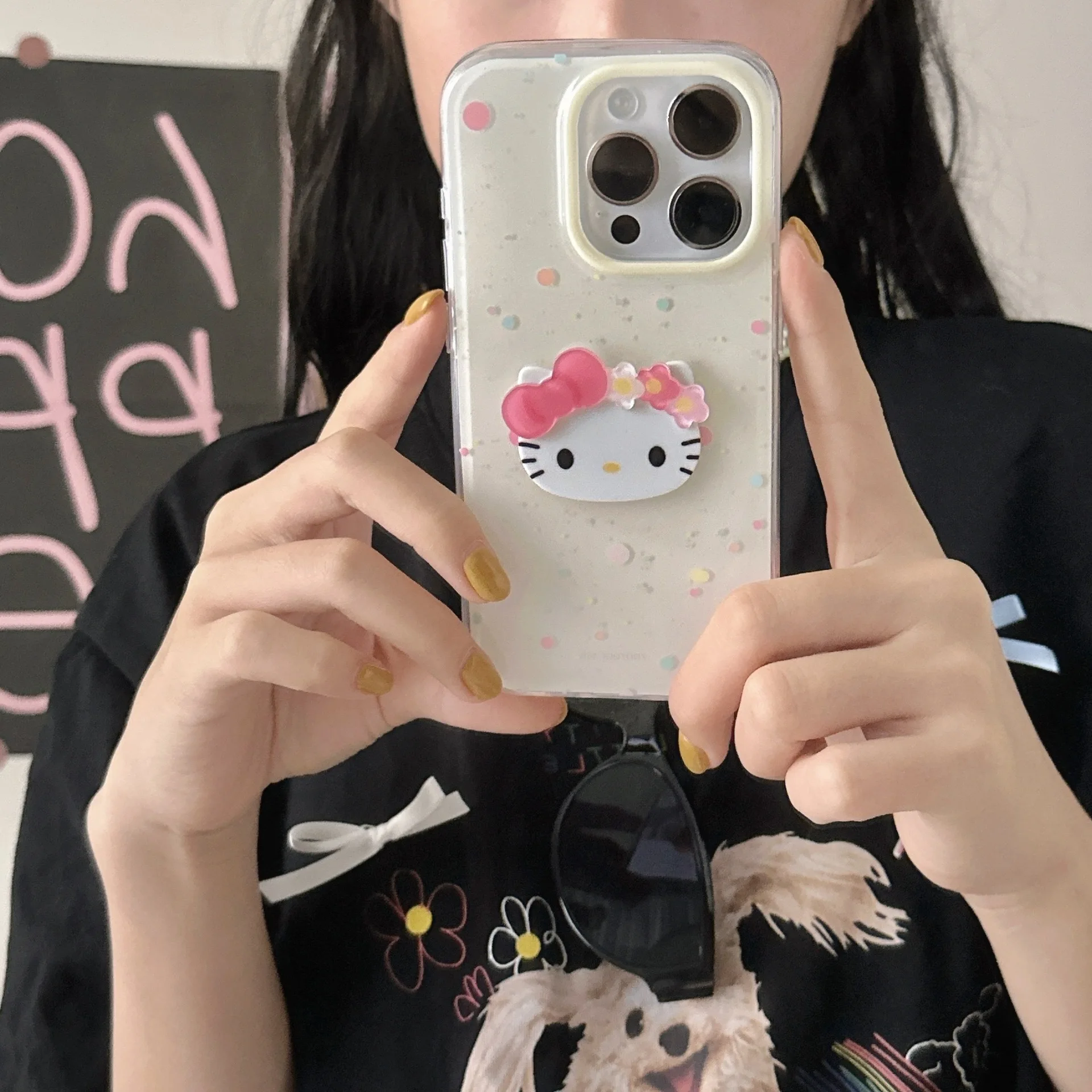 Color Splashed Ink Cute Pink Bow Hello Kitty Flower Phone Case For iPhone 13 14 15 Pro Max Cartoon Kitty Anti Fall Cover