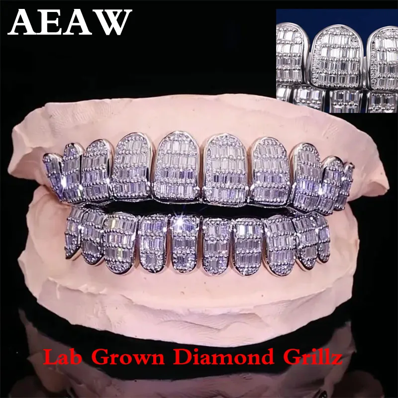 

AEAW Custom Lab Grown Diamond HPHT Baguettes Cut 8 Top And 8 Bottom Hip Hop Grillz 925 Silver 10K (Sent Teeth Mold To Us)