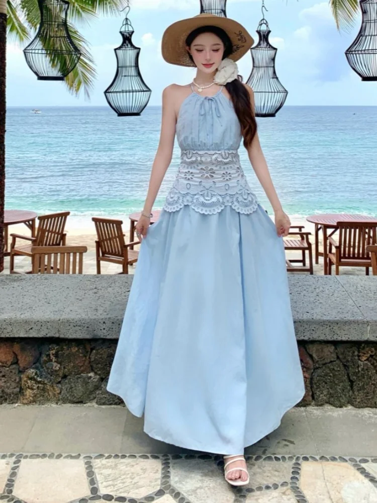 SMTHMA Vintage Embroidery Hollow Out High Waist Pleated Dress Women Sexy Sleeveless Long Dresses Summer Sexy Holidays Party Robe