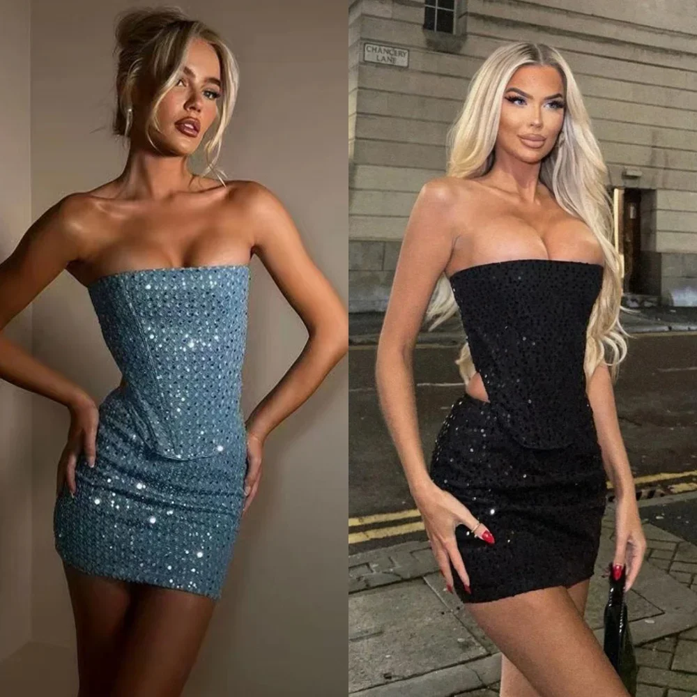 

Женские синие джинсовые комплекты с блестками, комплект из 2 предметов, сексуальный топ без бретелек, стильные женские мини-юбки, твидовый комплект, летние наряды для ночного клуба