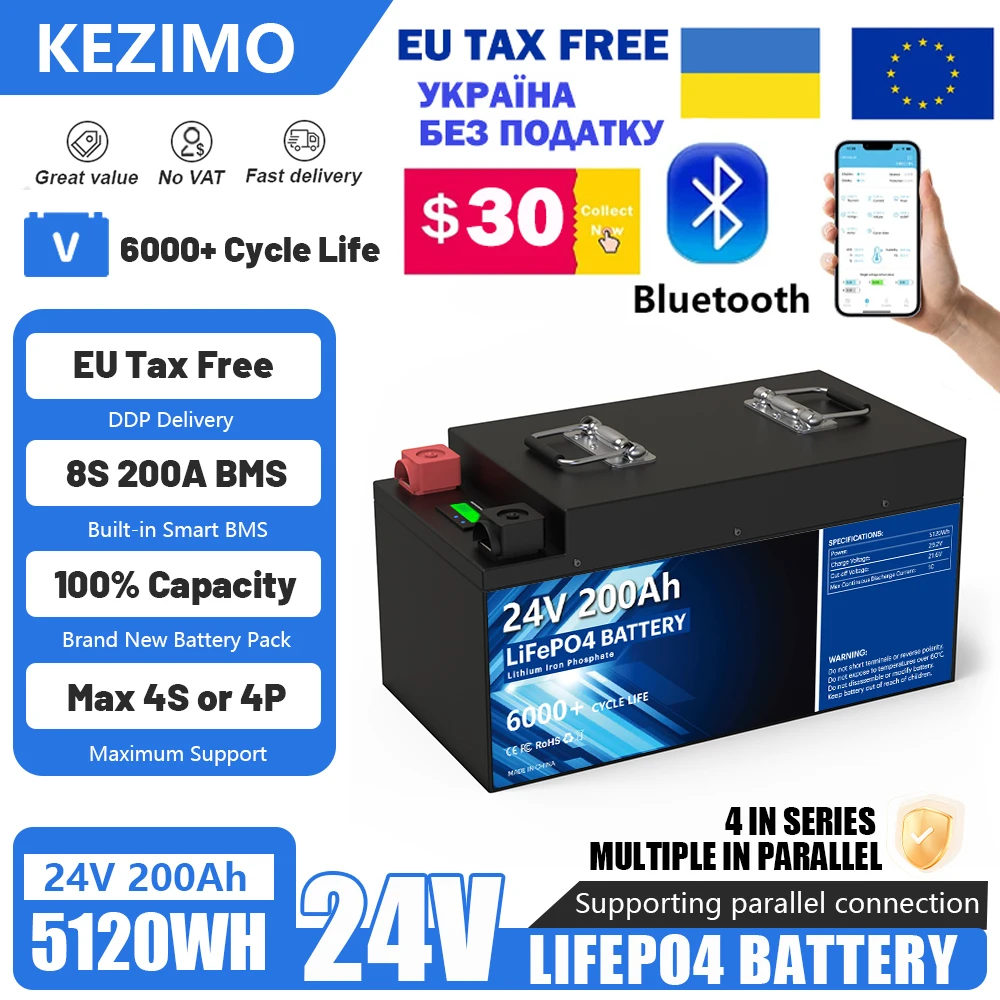 LiFePO4 Battery 24V 5120Wh 100Ah 120Ah 140Ah 200Ah 12V Battery 6000+ Cycles Bluetooth BMS For Storage Energy System EU UA NO TAX