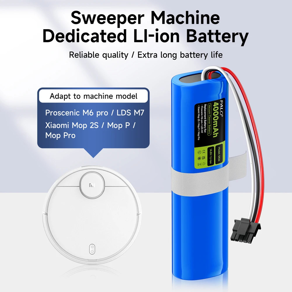 Proscenic 로봇 진공 청소기용 스위퍼 배터리, 4000mAh, 14.8V, M6 프로, LDS M7 샤오미 걸레, 2S, 걸레 P, 걸레 프로, 샤오미 Viomi S9