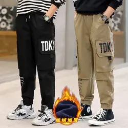 2024 New Boys Letter Print Cargo Pants Thick Trousers for Winter Autumn Kids Fleece Sport Pants Teenage Children Casual Clothes