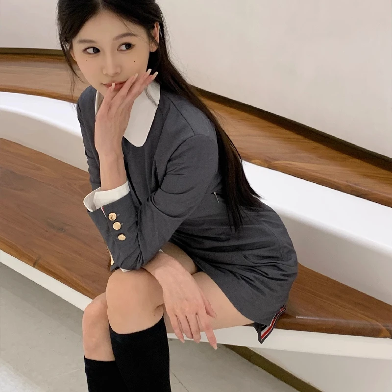 Elegant Long Sleeve Suit Dress Women's Design Sensation Waist Cinching Fake Two-Piece High-End Black Dress Spring Autumn