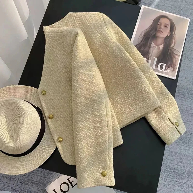 French Elegant Cropped Coats Women Long Sleeve V Neck Button Chic Short Jacket Yellow Simple Office Lady Spring Autumn Outwear
