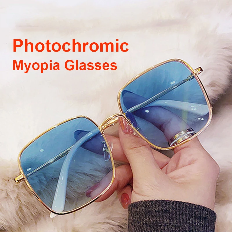 

Photochromic Myopia Glasses Anti Blue Light Women Diamond Studded Oversized Square UV-proof Finished Glasses with Degree 0~-600