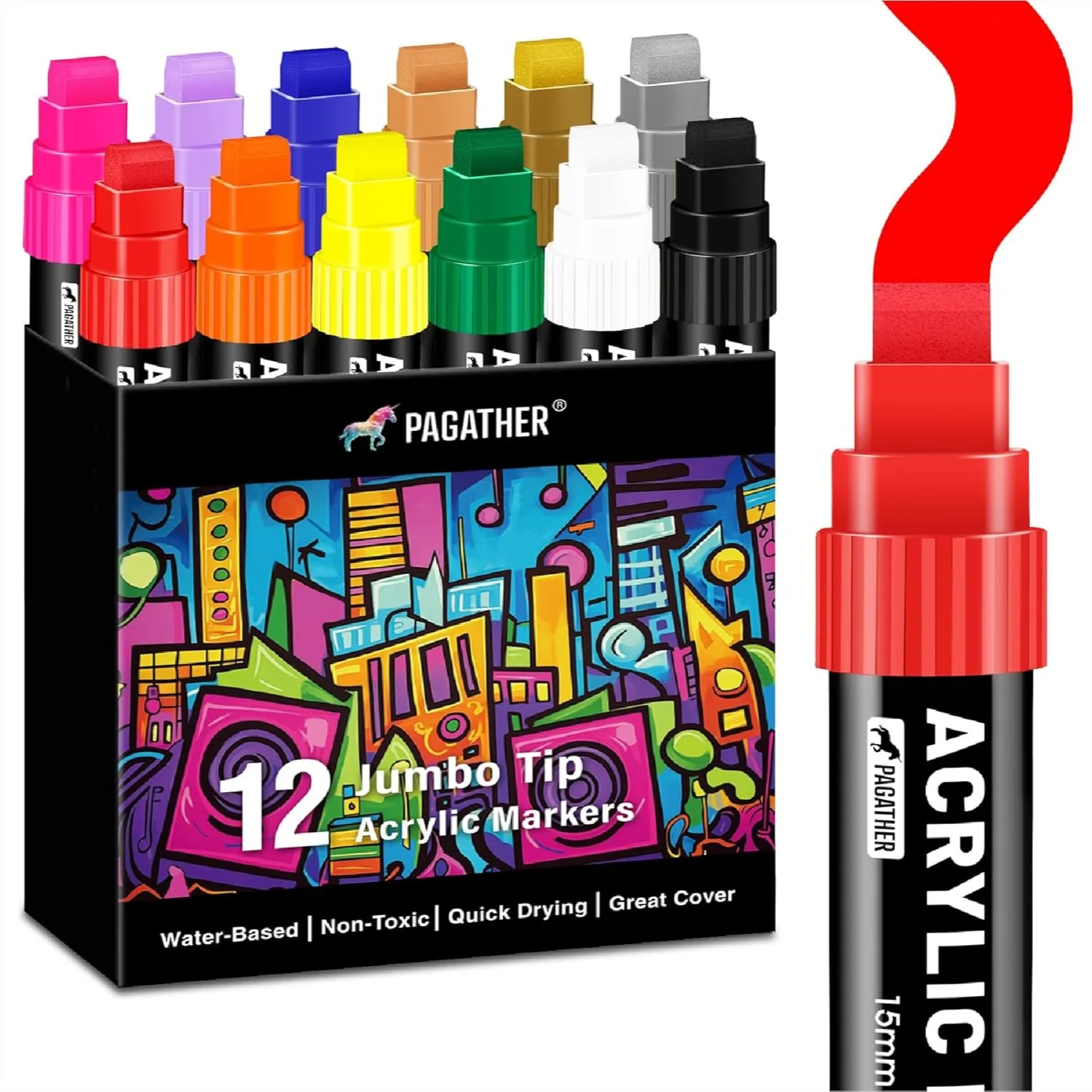 

12 Colors Jumbo Acrylic Markers With 15mm Felt Tip - Large Permanent Paint Pens For Rock Painting, Stone, Poster, Canvas, Glass, Wood, Ceramic