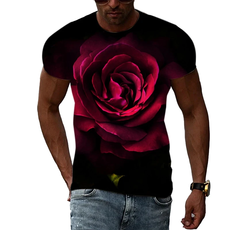

Summer Unisex Flowers graphic t shirts Men Fashion Casual Personality Rose Pattern Printed T-shirt street style Short Sleeve Tee