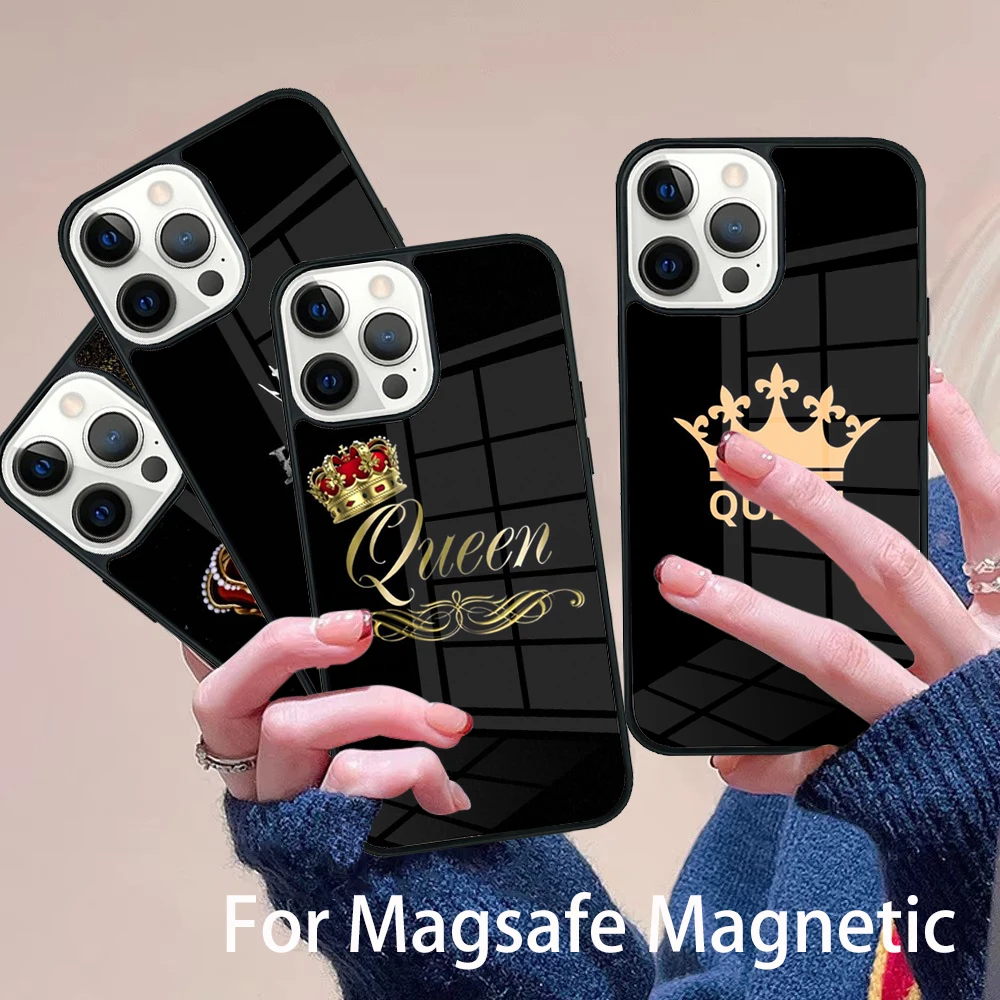 

King Queen Crown Phone Case Magesafe Magnetic Wireless Charge Cover For IPhone 16 11 12 13 14 15 Pro Max Plus Mini
