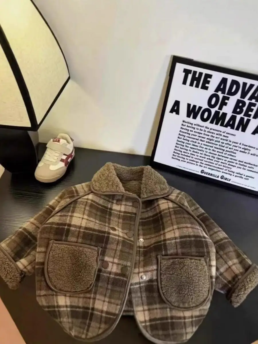 

Thiened Cotton Jaet for Children Winter New Sle Fce Lined Double Breasted Collar Flip Coat Boys Girls Trendy Outwear