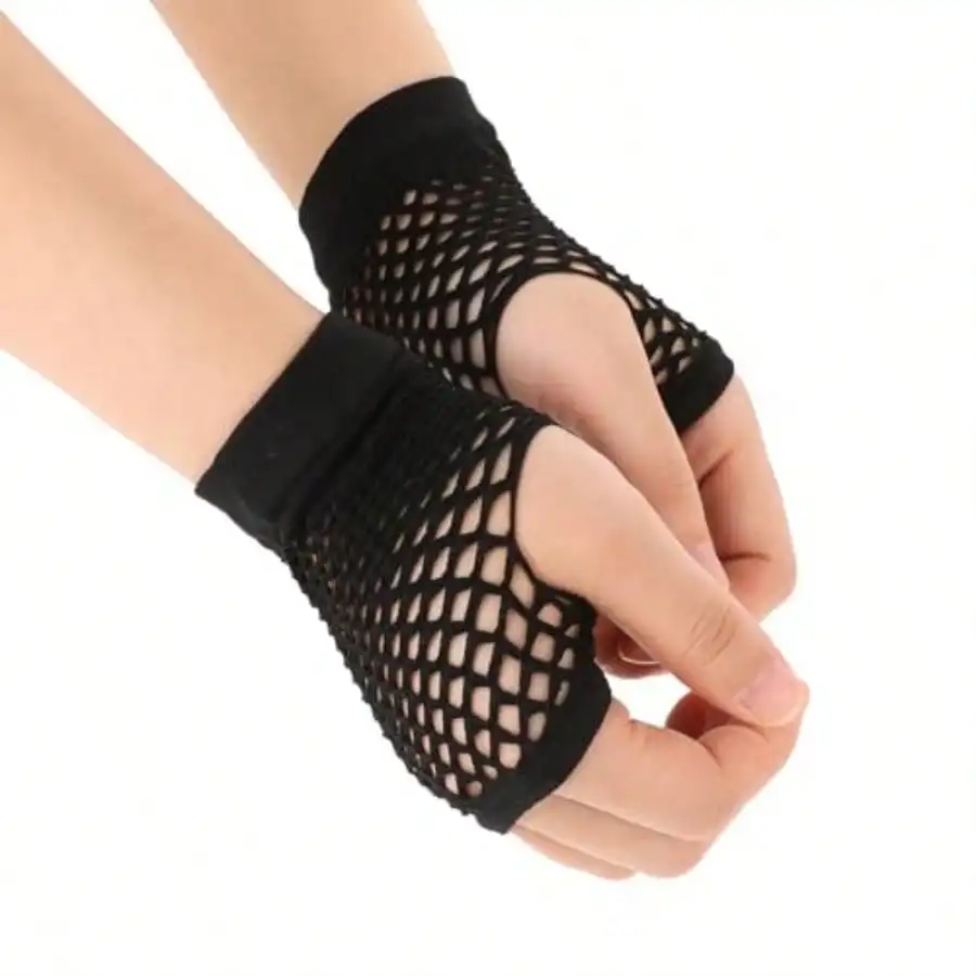 

Black Nylon Fingerless Fishnet Gloves - Women's 80s Short Stretch Mesh Gloves For Halloween Costume Accessories