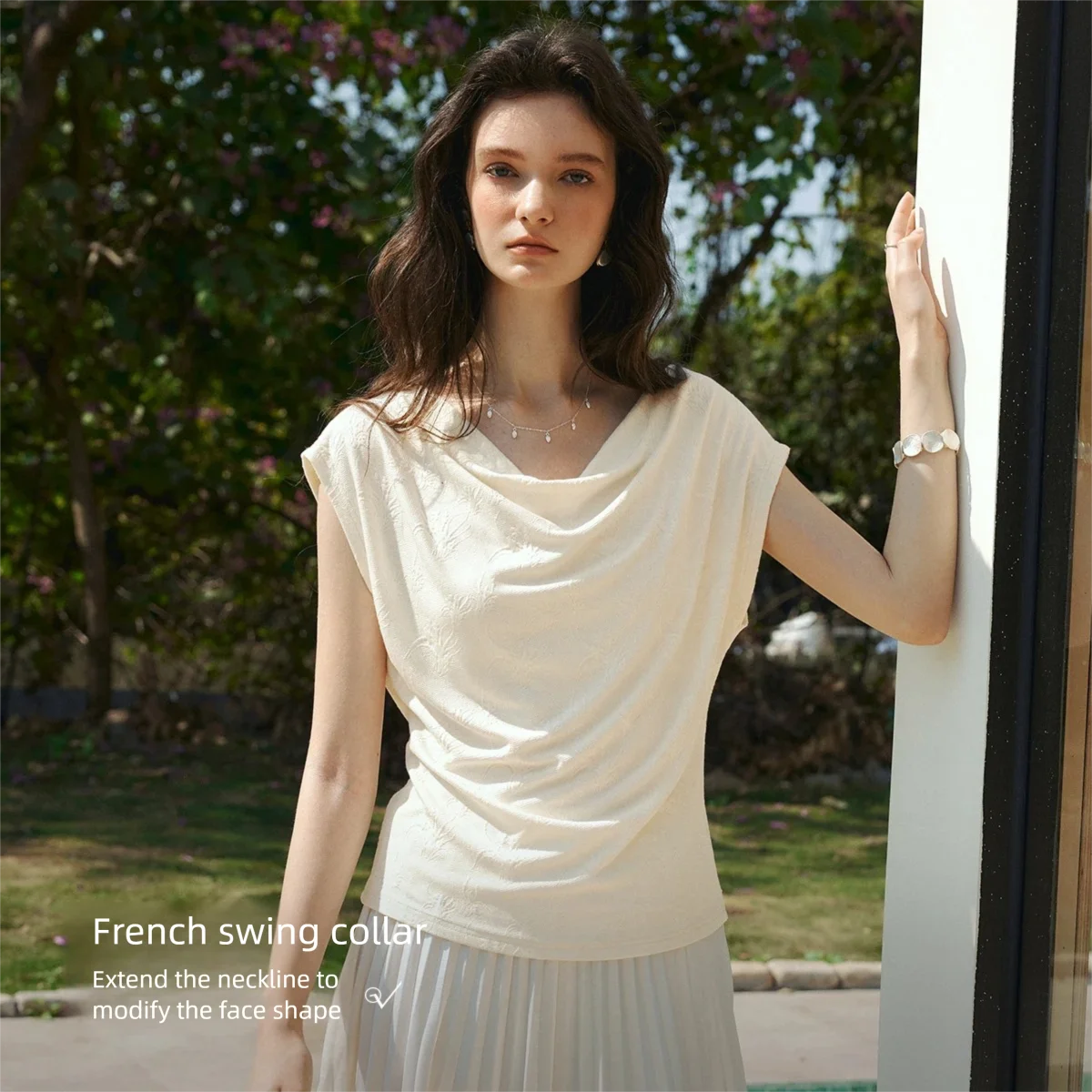 OLrain Elegant Cowl Neck Jacquard Texture Top 2026 Summer Solid Slim Short Sleeve Tee Casual Party Women's Clothing O58XT005139