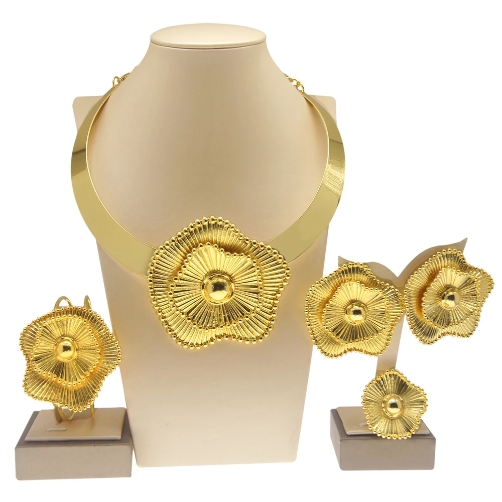 Yulaili Brazil Sparkle 18K Gold Plated Jewelry Set Exquisite Texture Luxury Vintage European Women's Wedding Jewelry 4-piece Set